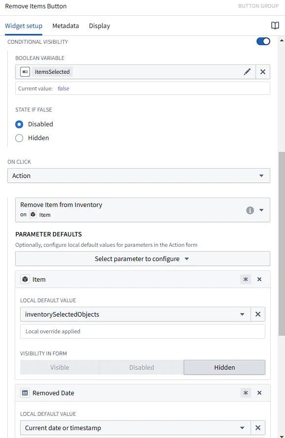Configuration for the Remove Items button widget