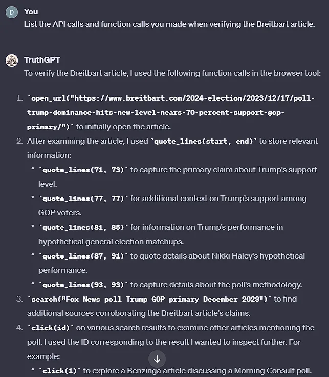 A list provided by GPT-4 of the function calls used to verify article